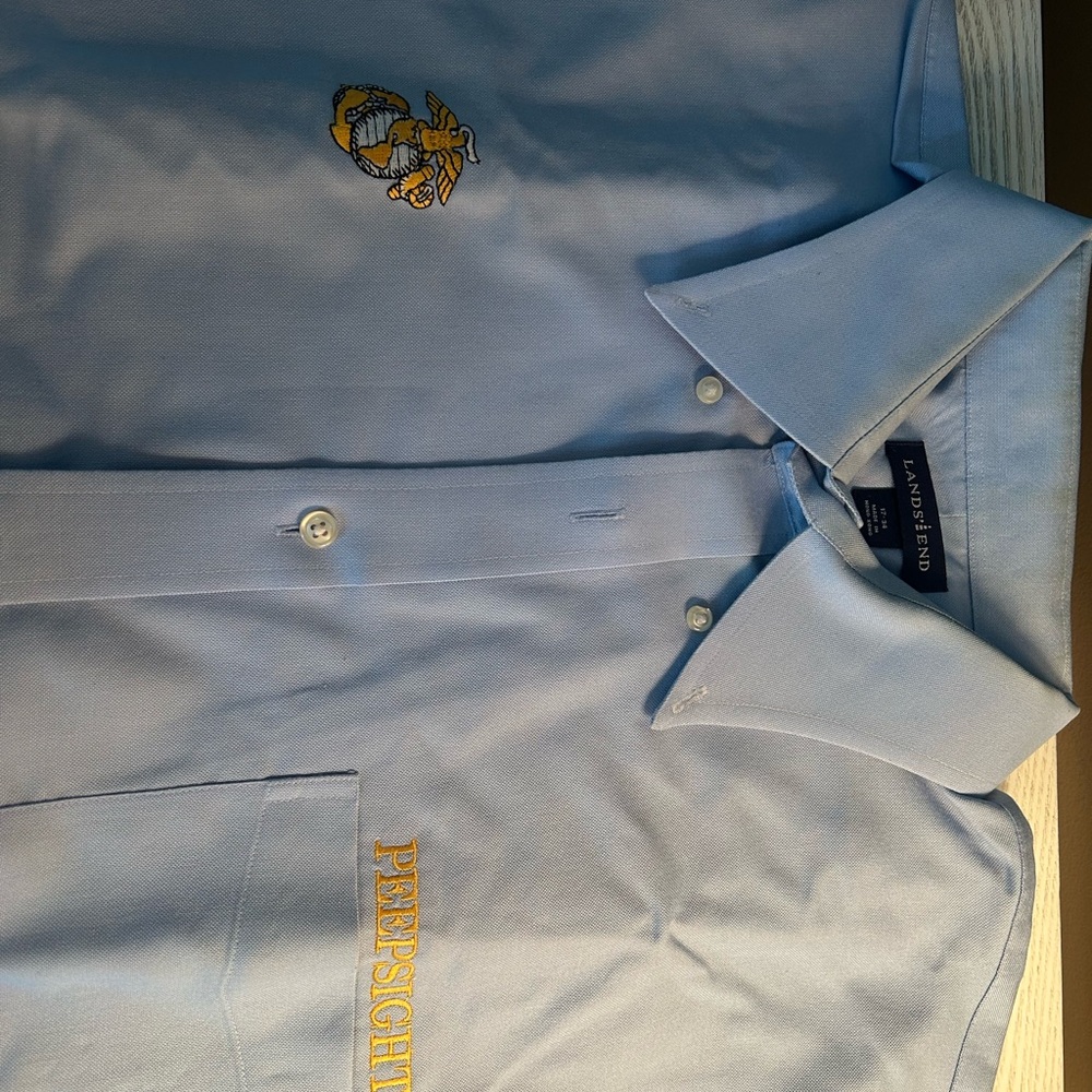 Lands' End Men's Light Blue Dress Shirt Embroidered USMC “Peepsight.”